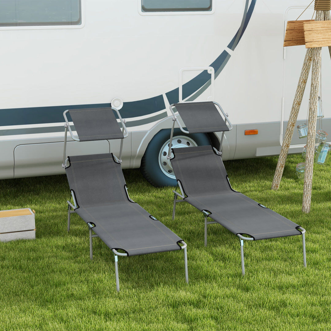 17 Stories Ouita Folding Sun Lounger Set of 2 with Canopy Light Grey 36cm H X 58cm W X 187cm L