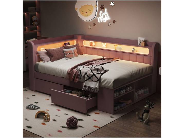 VUENOR Lit banquette 90x200 cm rose – USB LED 2 tiroirs range-chaussures