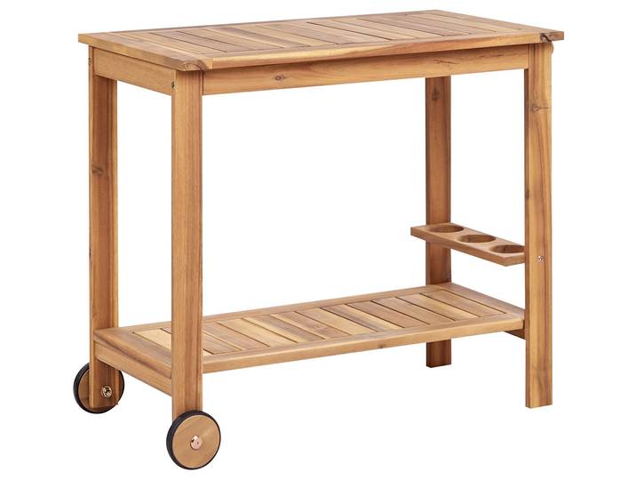 BELIANI Teewagen Hellbraun es Akazienholz 47 x 83 cm Leicht Transportierbar mit 2 Rädern 2 Etagen Flaschenhalterung Rechteckig Modern