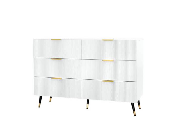 Modfu Kommode 120x40x77 cm Weiß mit 6 Schubladen, Wellenfront und goldfarbenen Griffen, 120x77x40 cm, Kleinmöbel, Kommoden, Kommoden