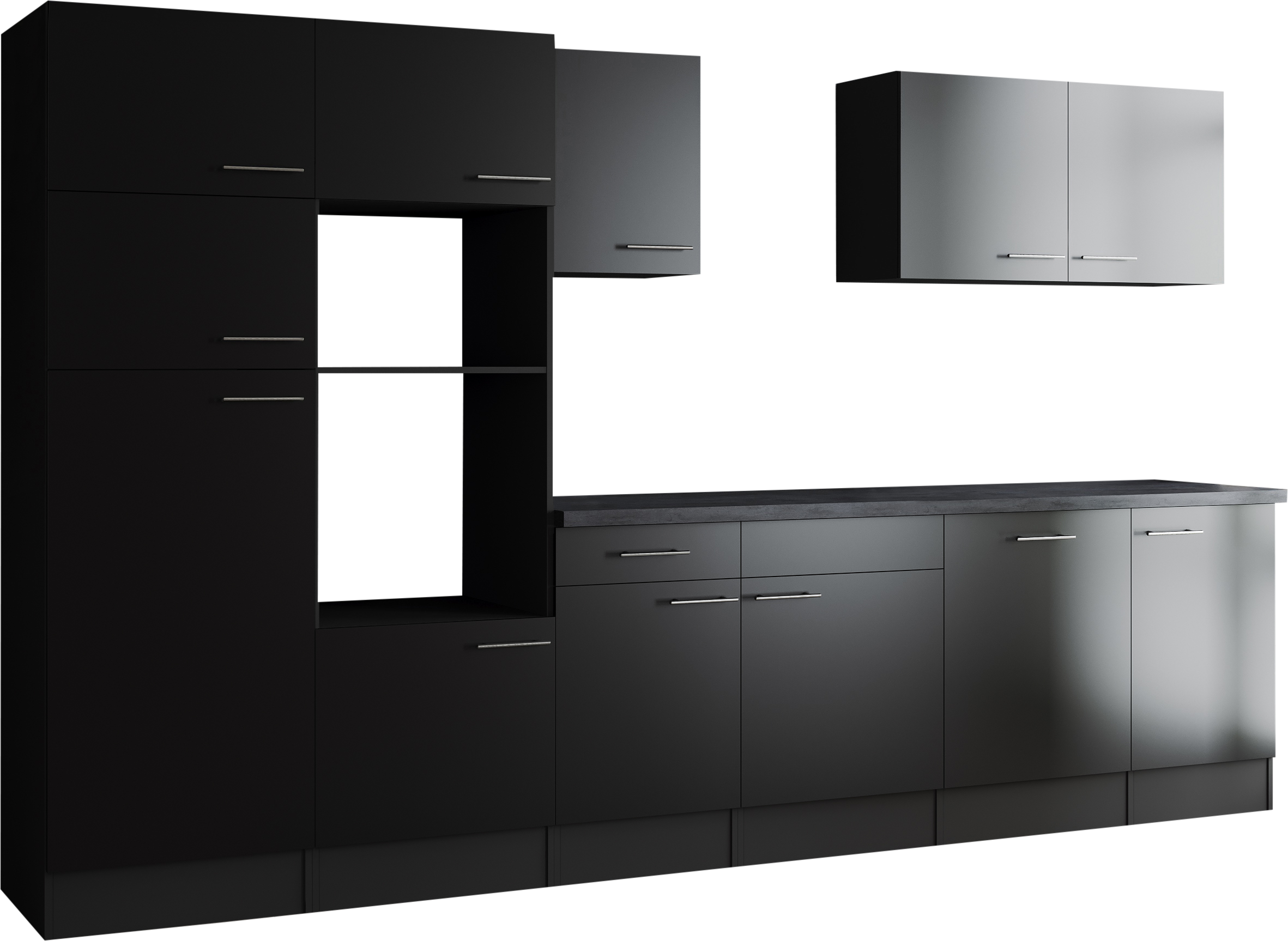 Küchenzeile RESPEKTA "Oliver, wahlweise mit E-Geräten", küche: grau, front: schwarz, korpus: grau matt, arbeitsplatte: granit optik, B:340cm H:205cm T:60cm, Komplettküchen-Sets, Küchenzeile, Breite 340 cm, 90 cm Arbeitshöhe, in exklusiver Konfiguration fü