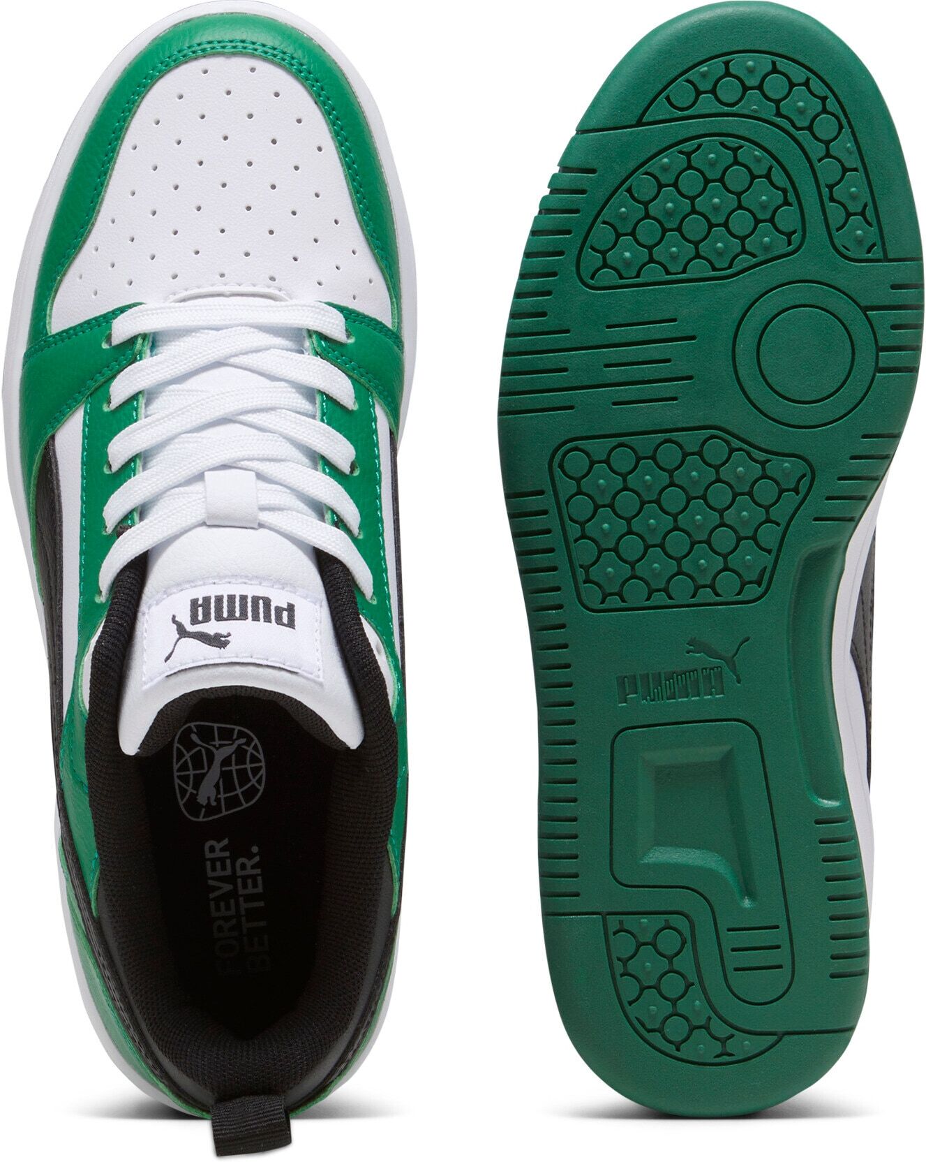Sneaker PUMA "REBOUND V6 LO JR", Jungen, Gr. 37,5, grün (puma weiß, puma schwarz, archive grün), Synthetik, Schuhe Sneaker, mit Schnürverschluss, dämpfendes Fussbett, aus Synthetik puma weiß, puma schwarz, archive grün 37,5