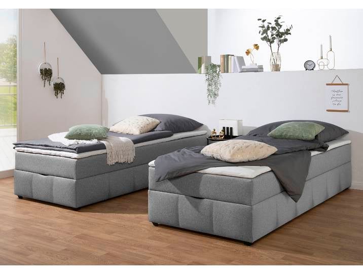 Boxbett, Holzwerkstoff, Hellgrau, 90×200 cm, Mit Bettkasten & Topper, Klassisch, Home-affaire