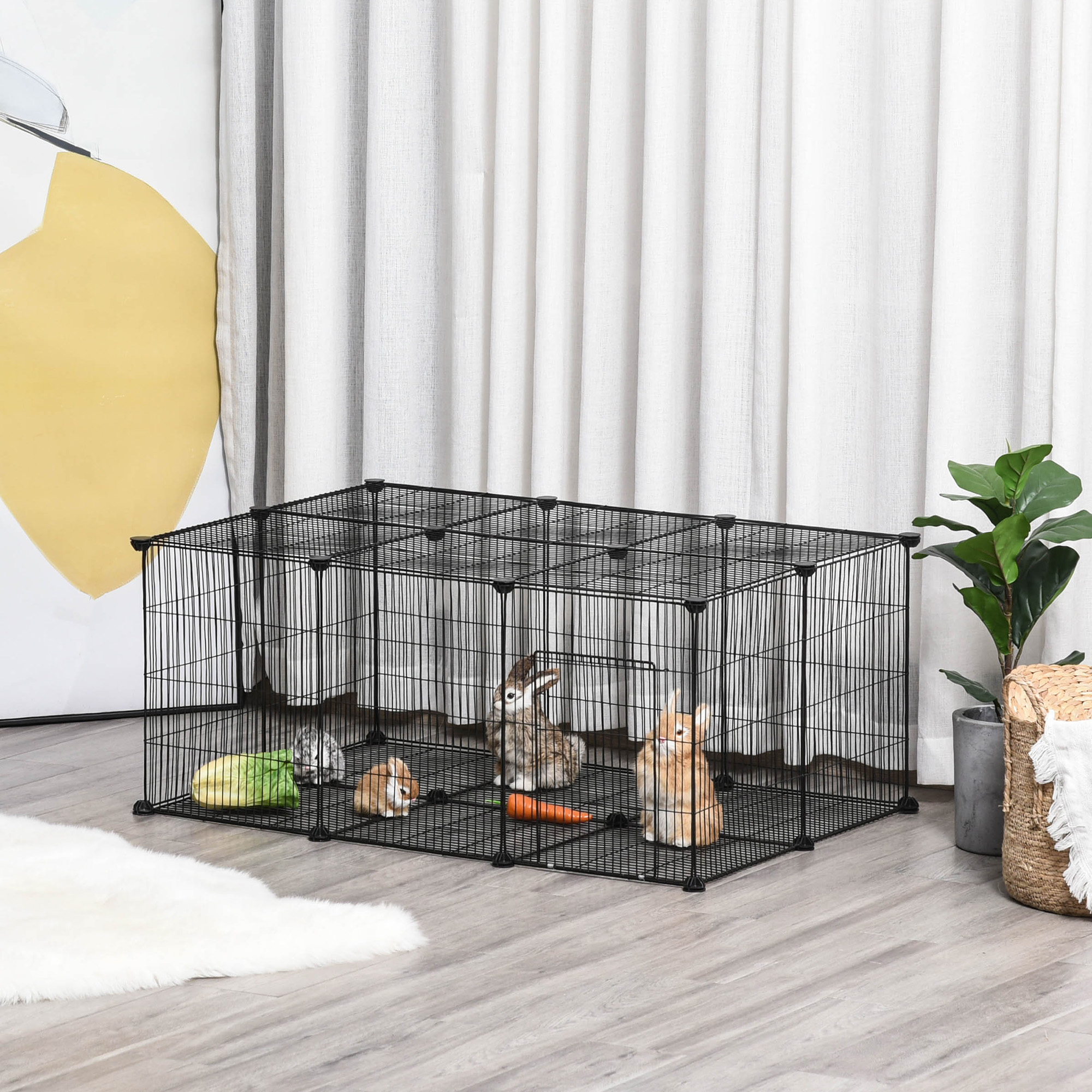 Pawhut Recinto per Conigli Conigliera da esterno,Gabbia per Conigli e Piccoli Animali Modulabili in Metallo con Porta, Nero, 105 x 70 x 45cm Aosom