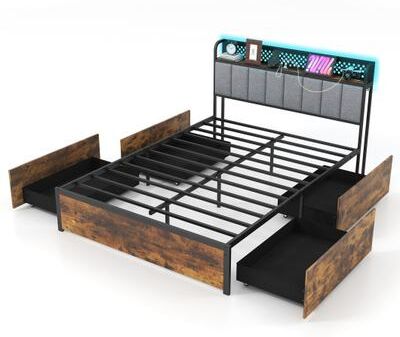 Costway Twin/Full/Queen Bed Frame with LED Lights, Upholstered Headboard and 4 Storage Drawers-Full Size