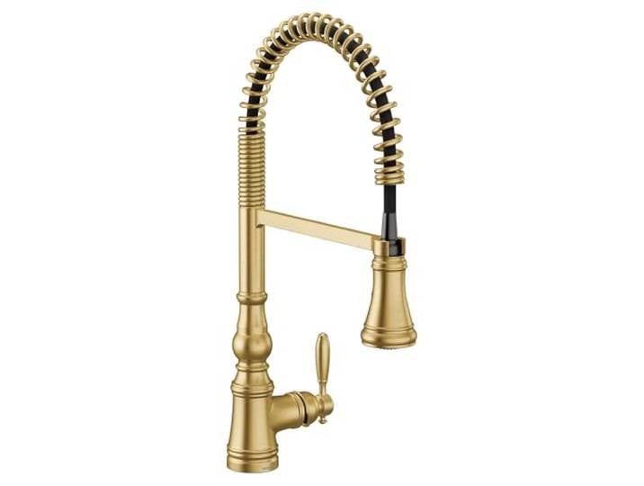 Moen Weymouth S73104BG Küchenarmatur mit Einhandgriff, gebürstetes Gold, Vorspülfeder, Bauernhaus-Küchenarmatur mit Power-Boost für eine schnellere Reinigung