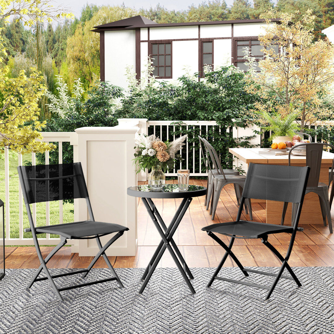 17 Stories Outsunny 3 Pieces Outdoor Bistro Set Glass Top Table 2 Folding Chairs Black Black 2
