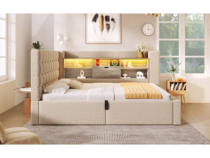 Lit Adulte Rangement Led 90x200 Tete En L Beige Lin Havrya