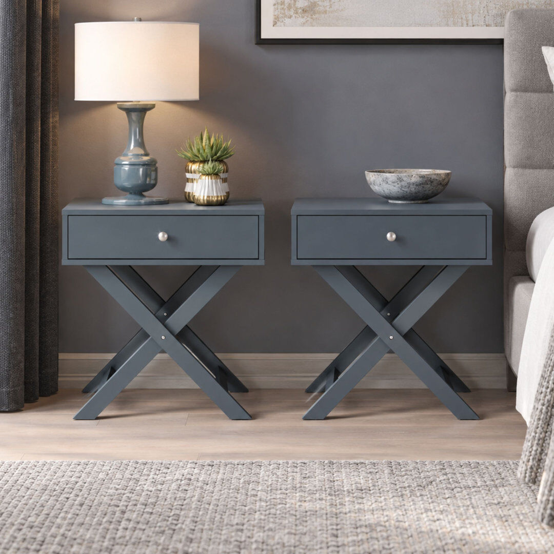 Brambly Cottage Pair of Leanora 1-Drawer Premium Bedside Tables, Set of Two Nightstands, End Tables Blue 60cm H X 55cm W X 40cm D