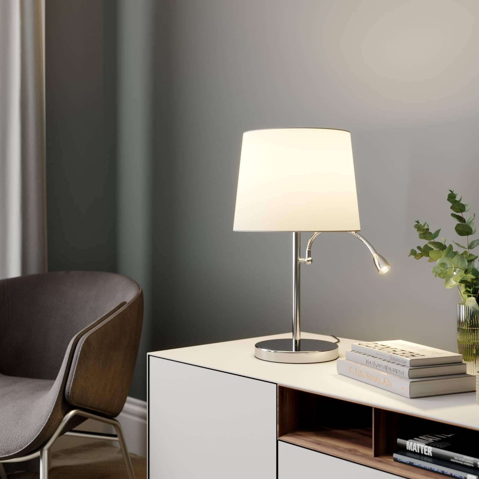Table Lamp Benjiro Lindby, Chrome / silver, Living / Dining Room, Textile / fabric / silk, Modern, Table Lamp