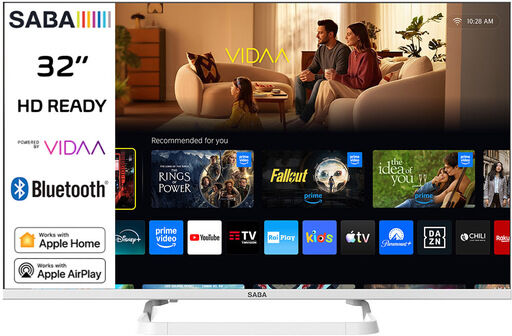 Saba SA32WHM10VDA SMART TV Bianco 32'' HD READY, Sistema operativo VIDAA, Triplo tuner DVBT2/C/S2 HEVC MAIN10, Certificato TivuSAT, Piedistallo centrale,