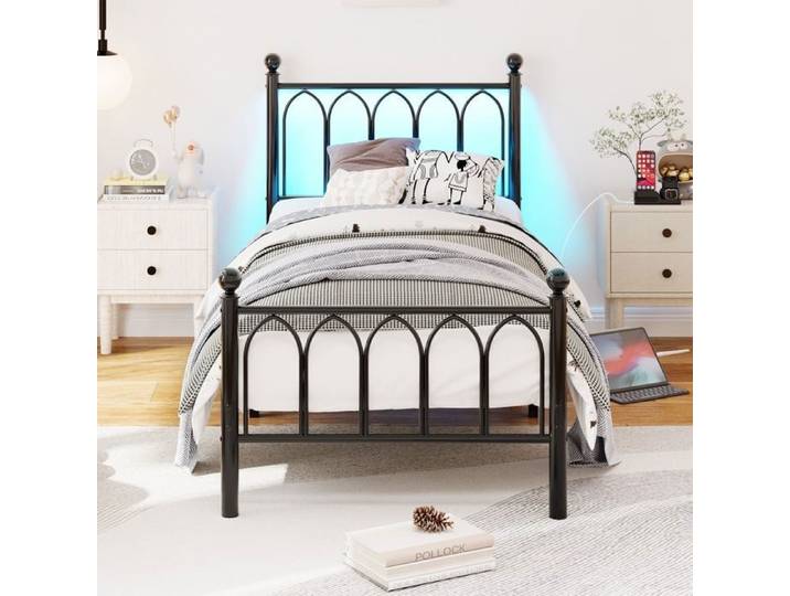Luscriate - Lit métal 90x200cm avec LED chargeur USB rangement sous lit 181kg noir