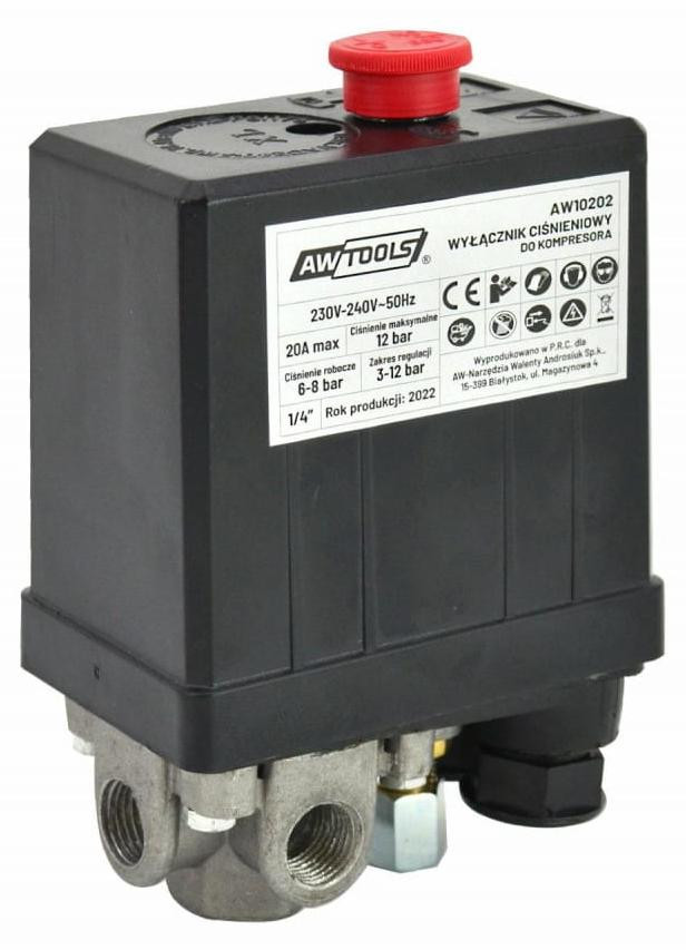 AWTOOLS drukregelaar voor compressor, 230V, met 3 aansluitingen van 1/4"