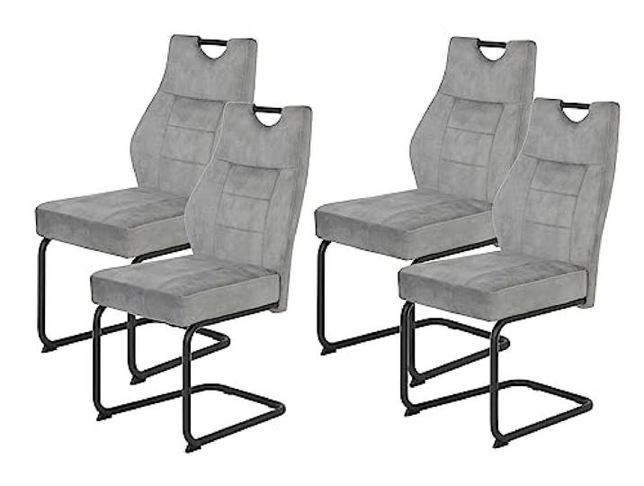 Hela Tische, 4er Set Esszimmerstuhl Schwingstuhl Linda, Mikrofaser Silber, Rundrohgestell grau, Komfortsitz Federkorb, 140kg belastbar