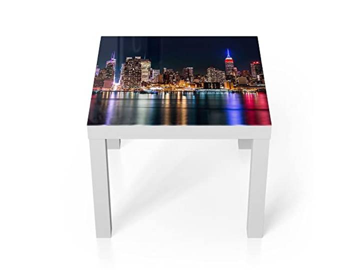 DEQORI Glastisch weiß klein 55x55 cm Motiv Chicago bei Nacht ausgefallener Beistelltisch aus Glas Hochglanz Couchtisch fürs Wohnzimmer moderner Couch Tisch mit Design