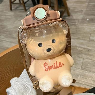 Inspired Living Cute Bear Large Capacity Water Bottle 1000 Ml 1400 Ml Kids & Outdoor Tumbler With Straw khaki
