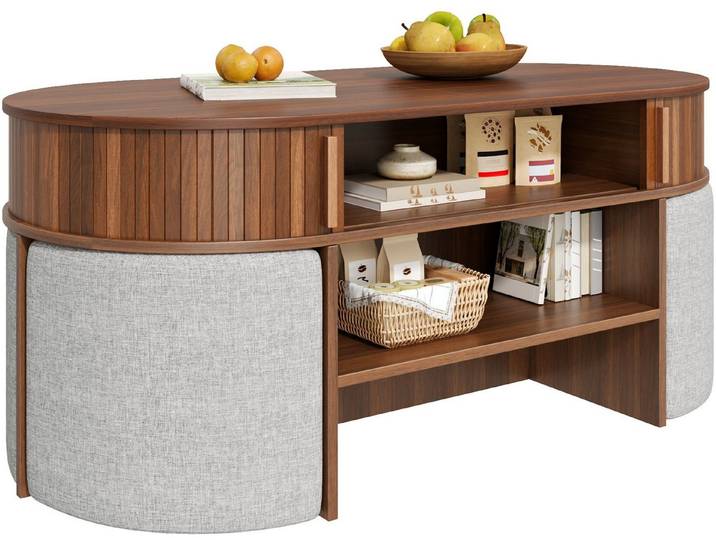 SeedWave Couchtisch 5-teiliges Set: ovaler Sofatisch mit 4 Polsterhockern und Stauraum (1 Tisch + 4 Polsterhocker), Wohnzimmertisch mit umlaufender Rillenoptik und offener Ablage