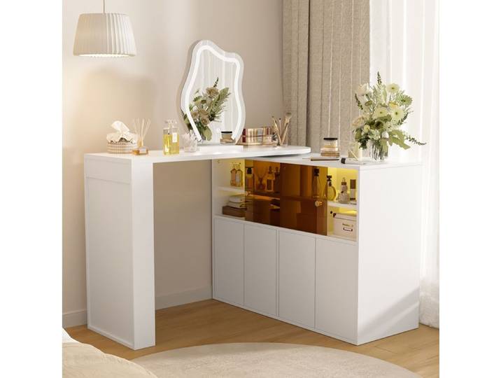Coiffeuse LED rotative en L 177x40x131 5 cm avec miroir tricolore dimmable et rangement multi-niveaux blanc ORVRYN