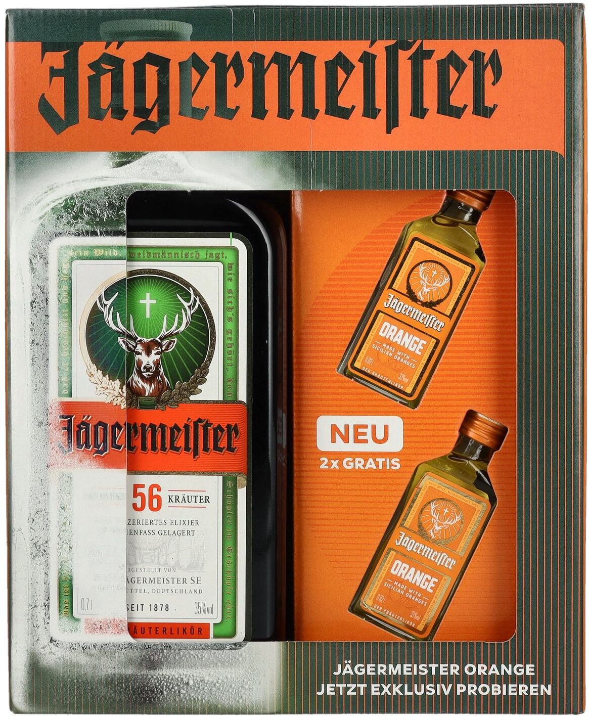 Jägermeister On Pack 34,9% Vol. 0,7l mit 2 Jägermeister Orange 0,02l