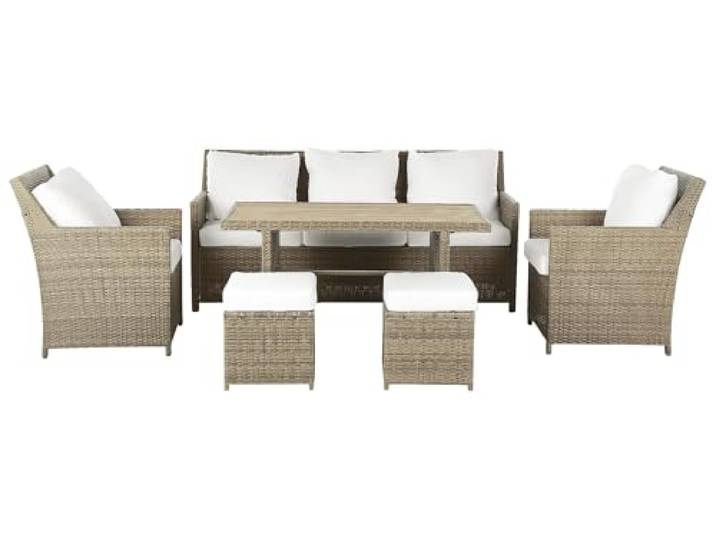 Beliani Lounge Set aus Polyrattan braun Tisch Hocker Sessel Auflagen weiß 5-Sitzer Fonti