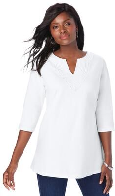 Plus Size Women's Stretch Cotton Crochet Notch Neck Tunic by Jessica London in White Crochet (Size 1X)