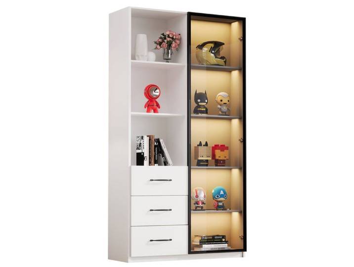 Vitrine 80x40x160 cm avec LED porte en verre 3 tiroirs niches en panneaux de particules blanc