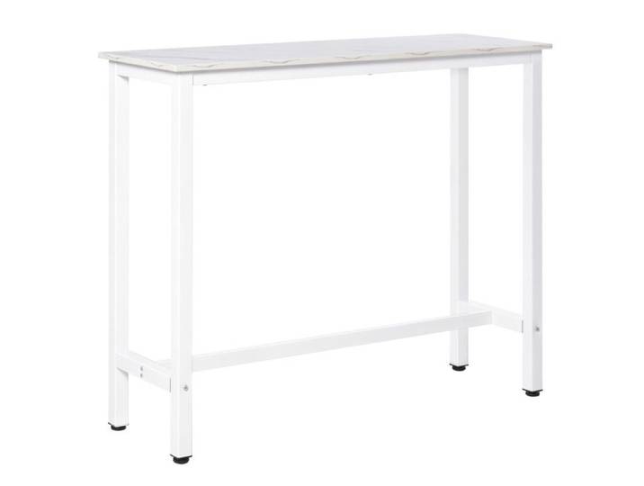 Table de bar haute mange-debout 120 x 40 x 100 cm piètement acier blanc plateau aspect marbre blanc