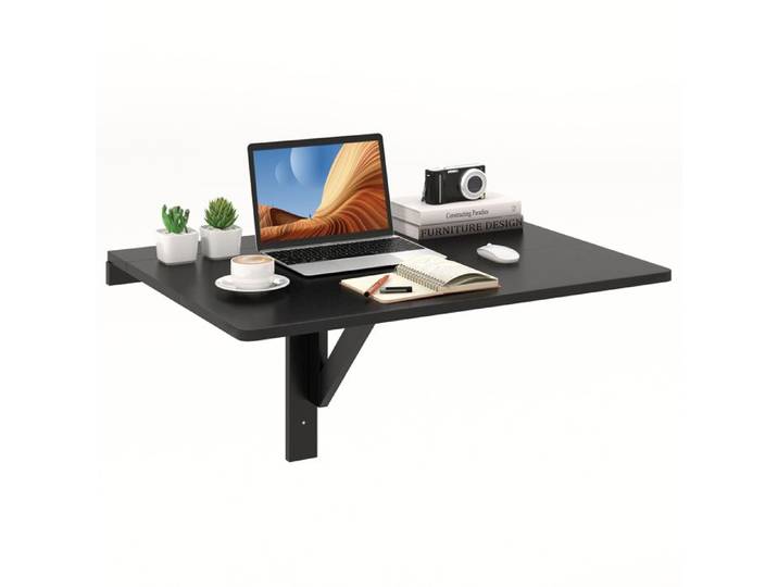 GYMAX Table Pliante Murale à Double Pliage 80 x 60 CM avec Support Triangulaire en Bois pour Cuisine Chambre Bureau - Noir
