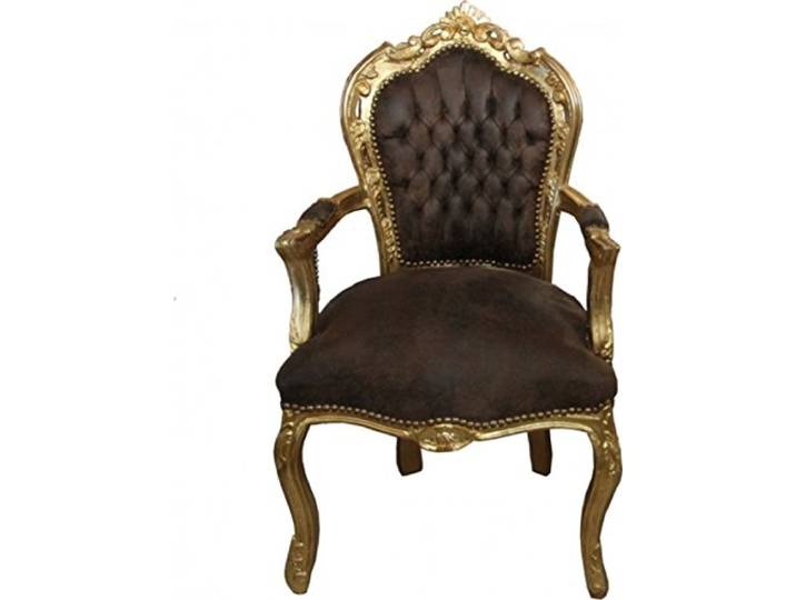 Casa Padrino Barock Esszimmer Stuhl mit Armlehnen Braun/Gold Lederoptik