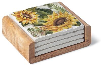 Counterart Square Absorbent Coasters - Set of 4 With Holder - Sunflowers - 4.000x4.000x2.028