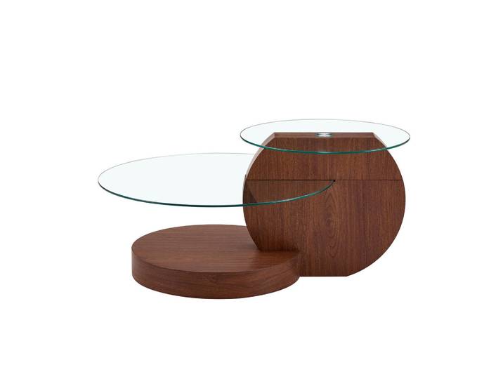 Evryae Couchtisch mehrstufig Ablage Glas MDF Wohnzimmertisch modern stabil rutschfest, Transparent, Walnussfarben, Glas, Rund,Rund, 90x44x90 cm, Wohnzimmer, Wohnzimmertische, Couchtische