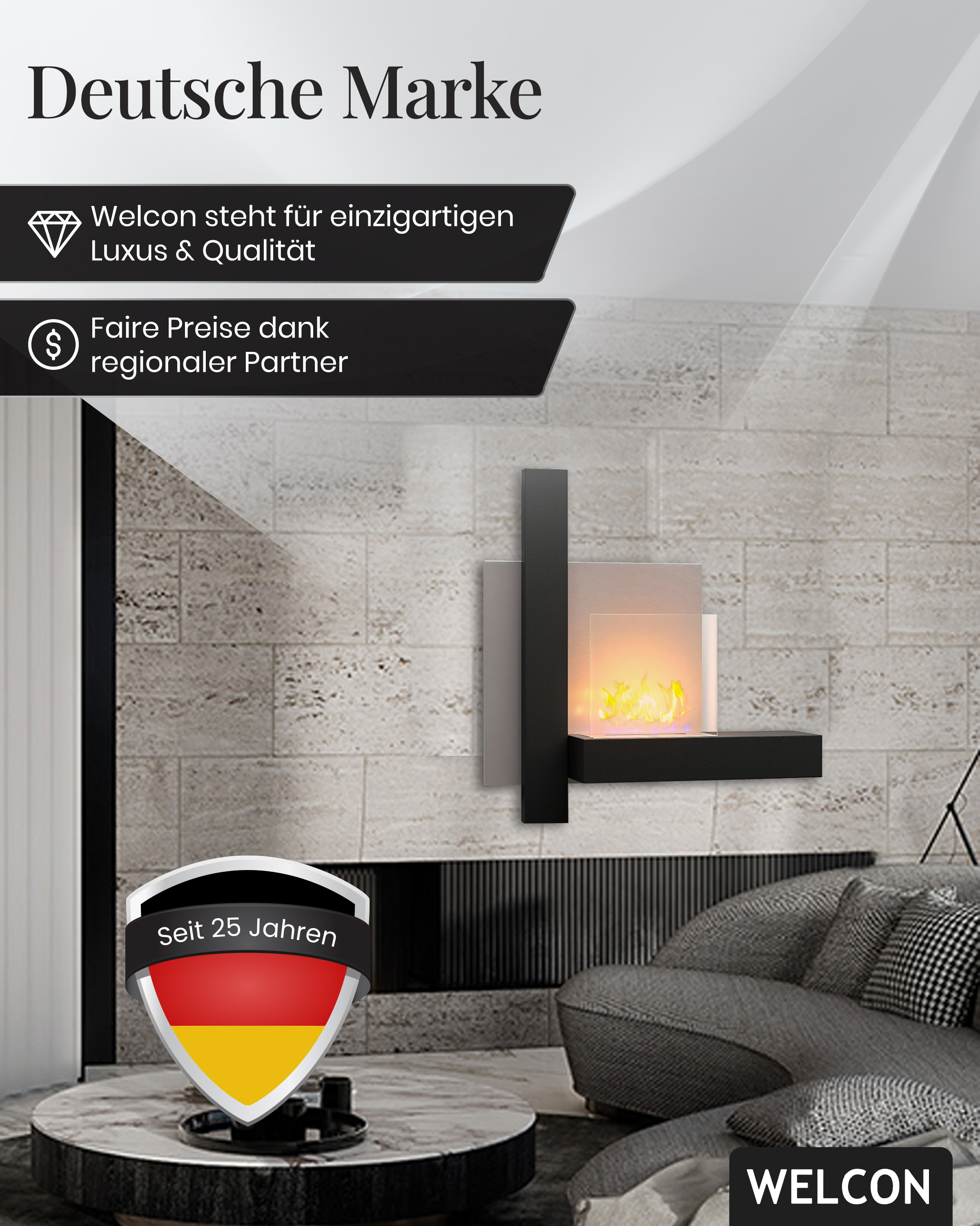 Bioethanol Kamin & Fireplace Oslo | Ethanol Wandkamin in schwarz und Edelstahl | Sicherheitsbrenner