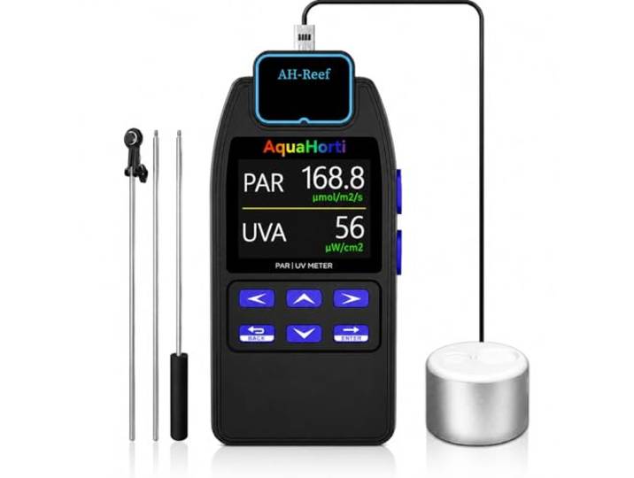 AH-Reef PAR-Messer, Test PPFD, UVA in W/m², wasserdichter Sensor, Anzeige von R, G, B-Prozent im Aquariumlicht. Aufzeichnung der PAR- UVA-Verteilung