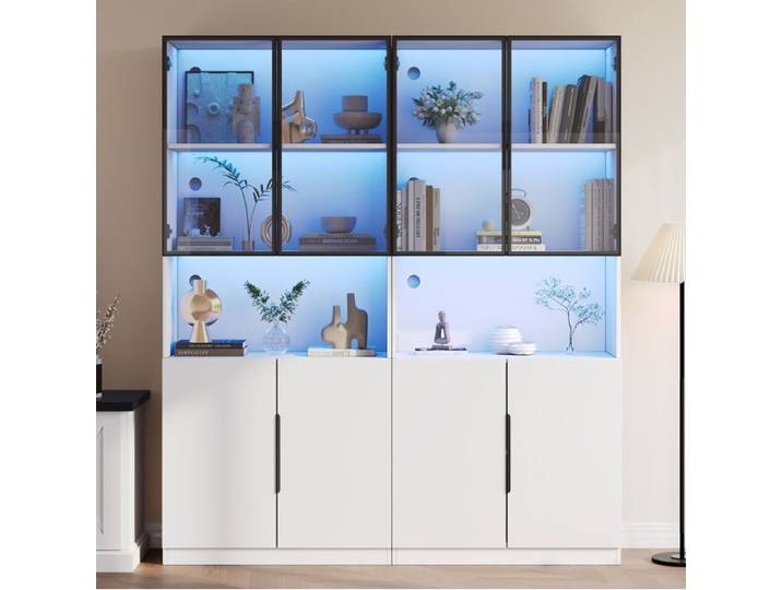 Vitrine haute blanche 160 x 30 x 200 cm avec portes vitrées LED réglable et rangement