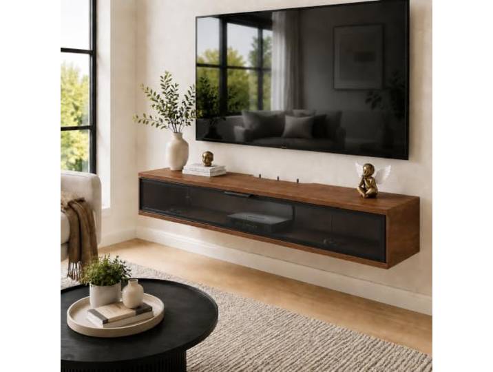 JS Ellie Schwebendes TV-Lowboard, Wandregal mit Kabeldurchführungen Oben Moderne Medienkonsole aus Umweltfreundlichem Massivholz mit Klapptür(Gray + white door,140cm/55.1in)