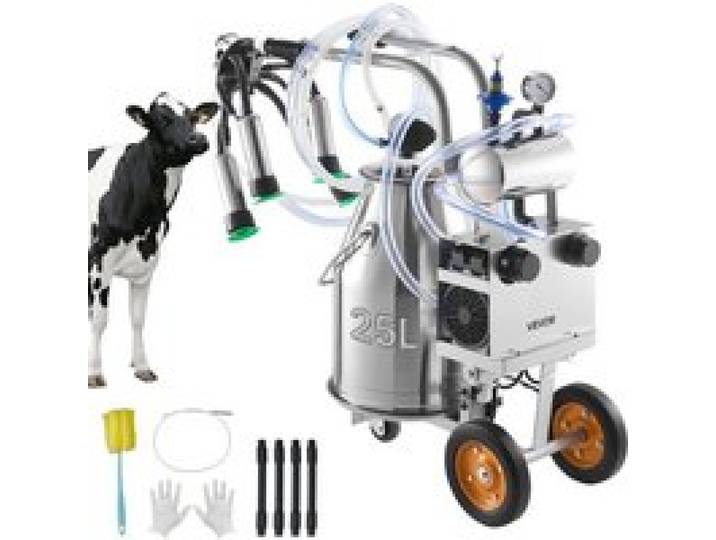 VEVOR Elektrische Melkmaschine, 25-L-Eimer aus Edelstahl 304, Lebensmittelechte Zitzengummis & Silikonschlauch, Starke Saugkraft, Vakuumpulsation, elektrische Melkausrüstung mit Rädern für Kühe