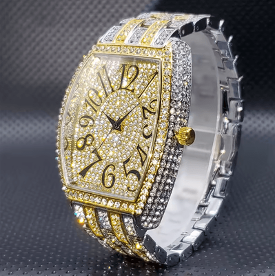 Inspire Picks Luxury Iced Out Tonneau Stainless Steel Quartz Watch For Men df01 Gold Silver