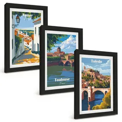 BILDER SET 3er Set - 20x30 cm Schwarzer Rahmen - Retro-Stadtgrafiken