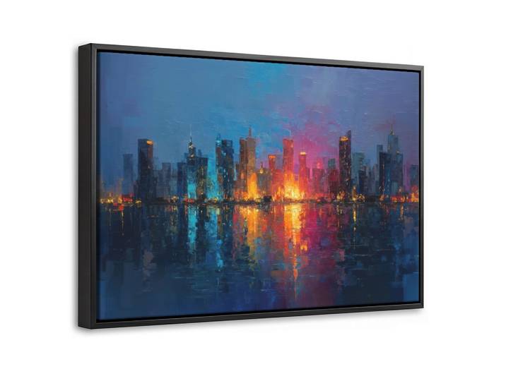 LEINWAND Bilder mit Rahmen - Skyline - Pinselstriche - Dunkelblau - Leuchtend - 30x20