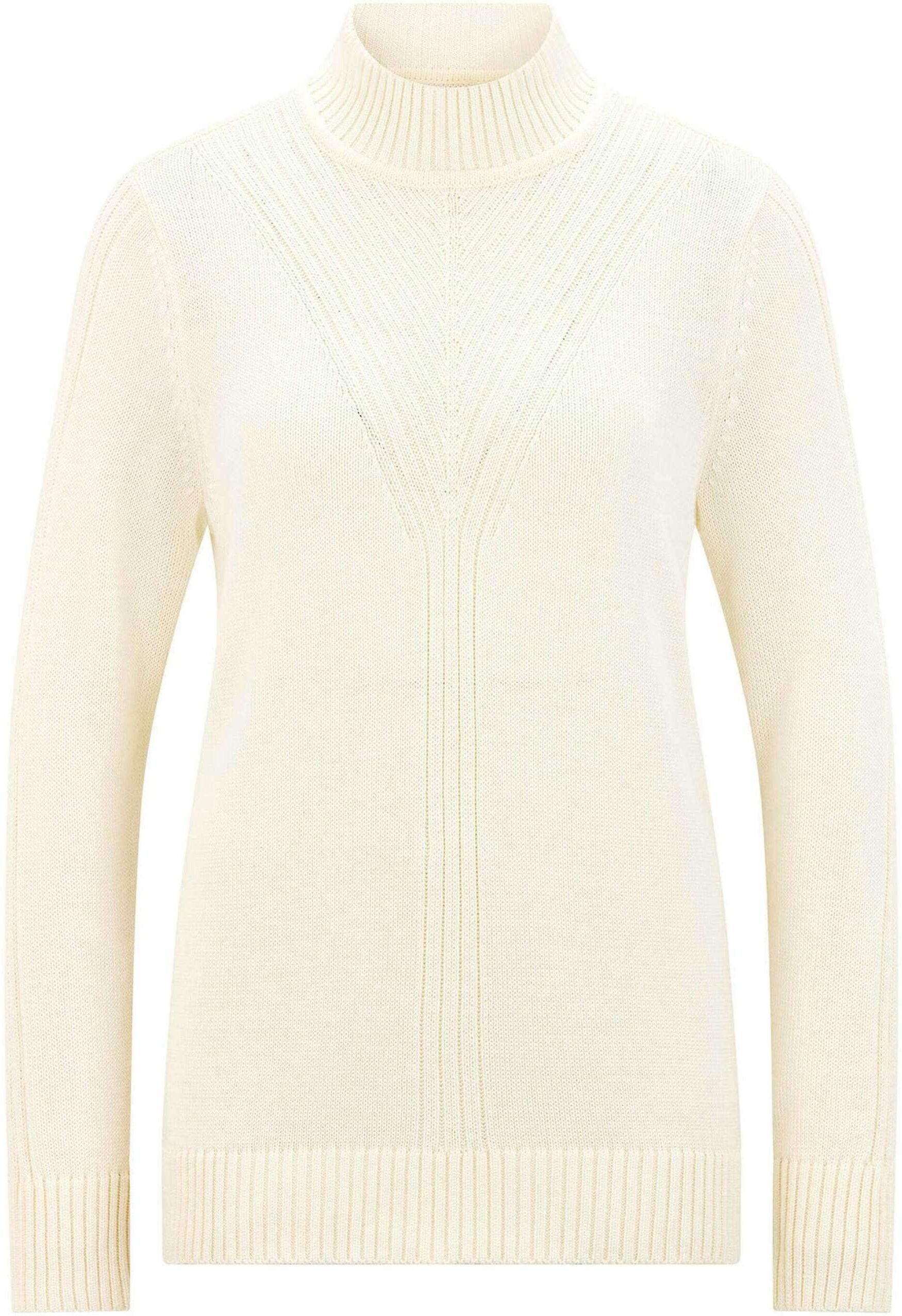 Rundhalspullover GOLDNER "Rippenpullover mit Stehkragen", Damen, Gr. 42, weiß (cremeweiß), Obermaterial: 50% Baumwolle CO. 50% Polyacryl PAN., figurumspielend, Rippbündchen, Pullover Rundhalspullover, platzierte Rippenstruktur im Vorderteil