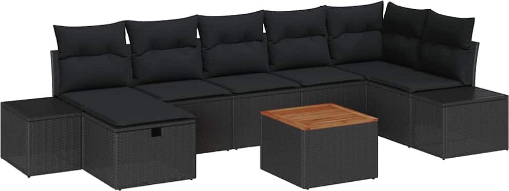 Modulares Garten-Sofa-Set, 8-teilig, für 7 Personen, mit Stauraum, Poly Rattan Schwarz, Akazienholz Tischplatte, Outdoor-Kissen