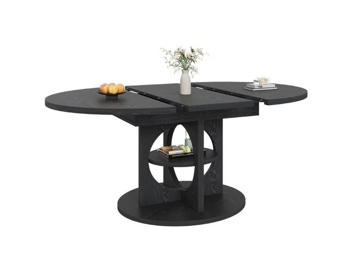ELVORIN table a manger extensible 110 a 150 x 110 x 76 cm ronde a ovale avec etagere integree MDF et metal noir aspect bois