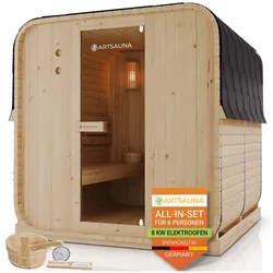 Artsauna Fasssauna Nolvik XL - 6 Personen, mit 8 kW Ofen & Zubehör für Garten, Cube Design