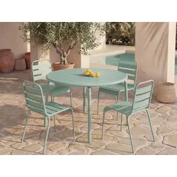 Garten-Essgruppe: Tisch D. 110 cm + 4 stapelbare Stühle - Metall - Mandelgrün - MIRMANDE von MYLIA