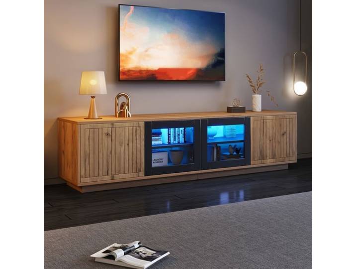 Meuble TV 180cm - Becag - Armoire TV bas avec LED et 2 armoires - Style contemporain - 180x40x45cm - Naturel+Noir