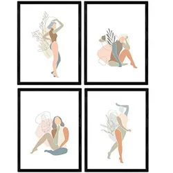 POSTER Set mit 4 Töne und Pastell weibliche Figuren Blumenmischung A3 Rahmenlos