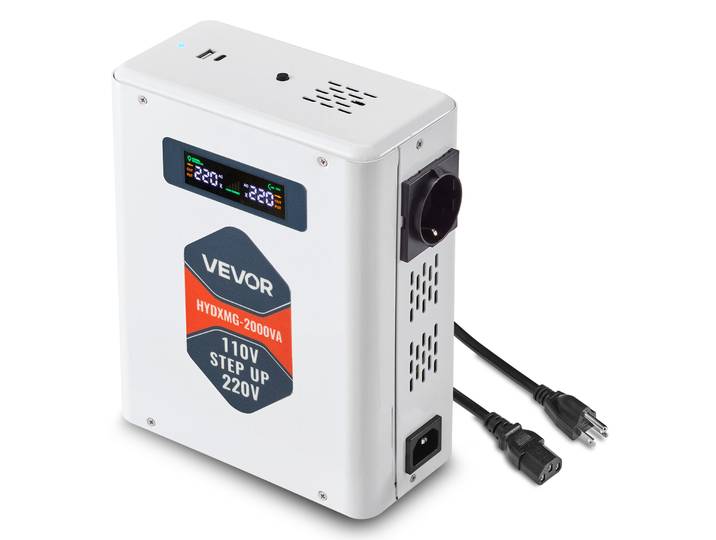 Vevor Transformateur 110 V A 220 V\, Transformateur De Tension Elevateur 2000 Va\, Avec 2 Prises Europeennes\, Sortie Usb\, Ecran Lcd\, Protection Contre Surcharges Surintensites\, Pour Appareils 220 V