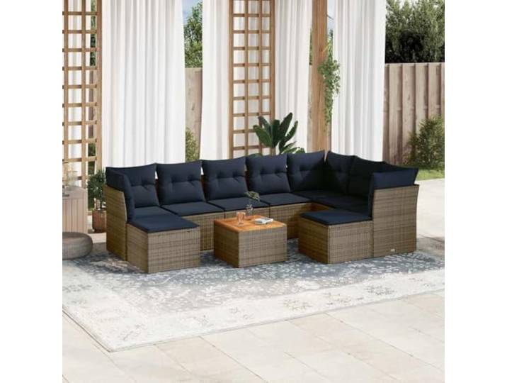KTHLBRH 10-teiliges Gartenmöbel-Set aus Polyrattan, Grau Modularer Sitzsack und Couchtisch, marineblaue Kissen, wasserdichter Behälter, für Terrasse und Terrasse