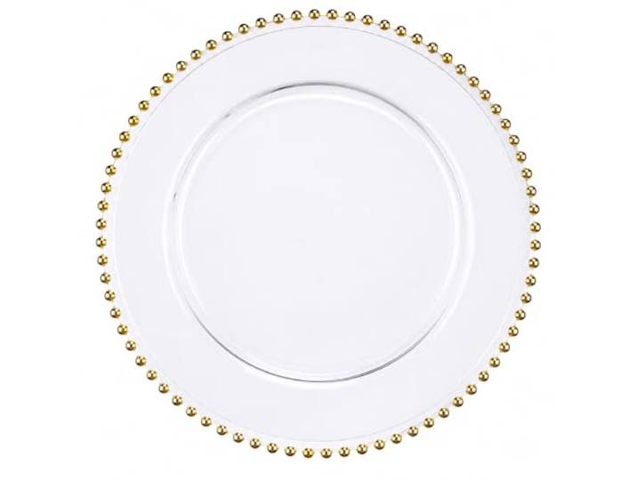 GoldenPalace Decor Glas Platzteller 32 cm Transparent mit Goldperlenrand – Eleganter Unterteller für Hochzeit, Geburtstag, Weihnachten, Party & Tischdekoration