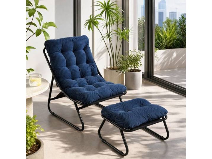 Fauteuil de jardin avec ottoman et coussin moelleux - BEAUNIV - acier intérieur extérieur bleu marine